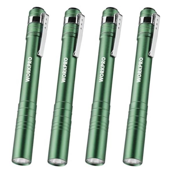 NT86431 WORKPRO LED Pen Light, Aluminum Pocket Flashlights with Clip, Green - Pack of 4