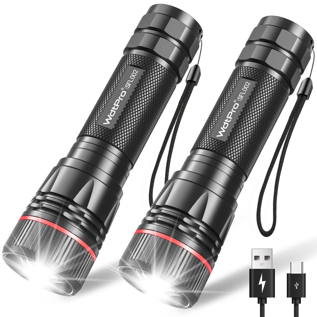 NT86684 WdtPro Rechargeable Flashlights, High Lumens, LED Mini Tactical Flashlights, Battery Included - Pack of 2