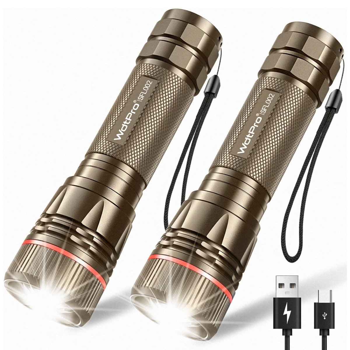 NT86685 WdtPro Rechargeable High Lumens Flashlights, LED Mini Tactical for Camping Emergency Battery Included, Brown - Pack of 2