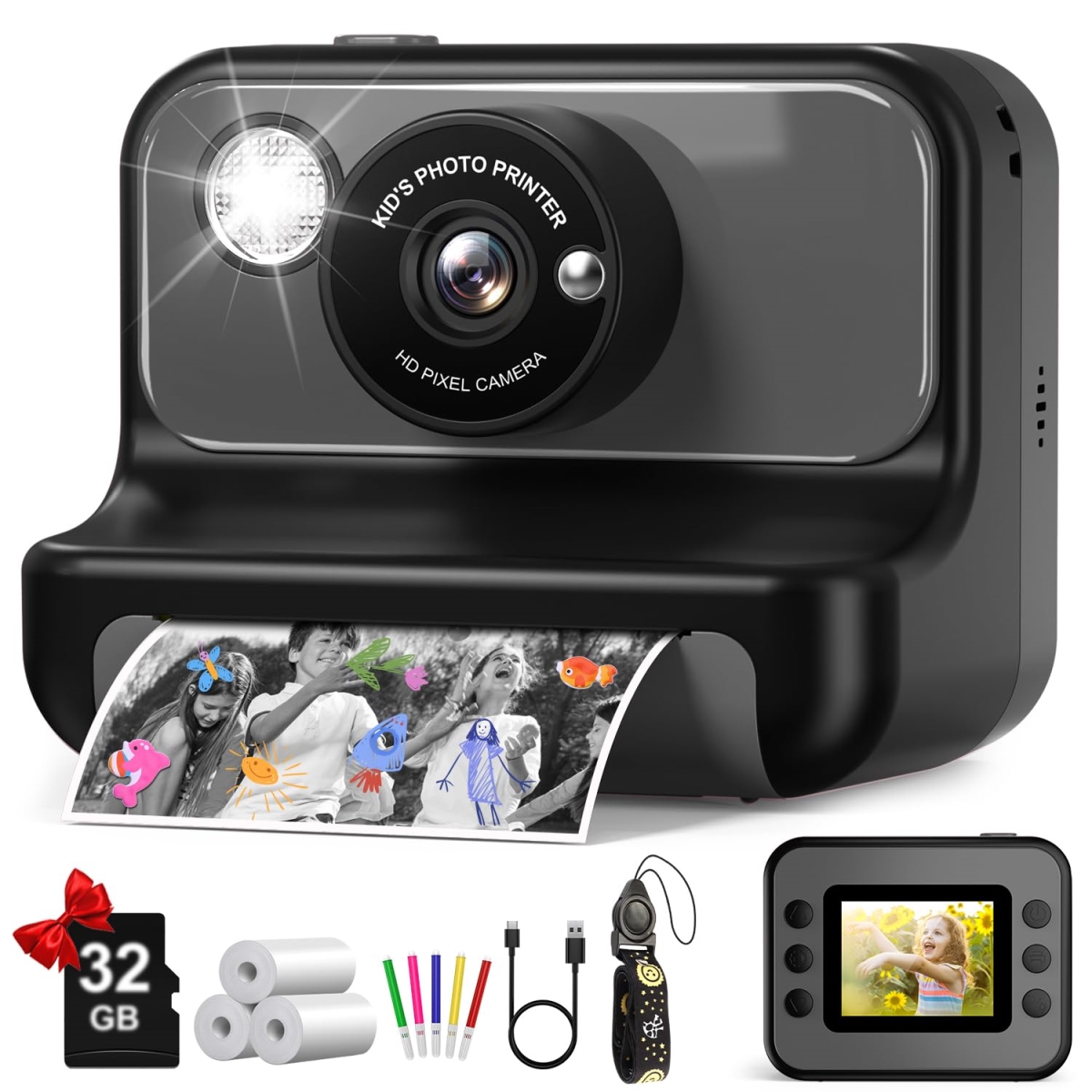 NT86745 Kids Camera Instant Print, 1080P HD Video Digital Camera, Black