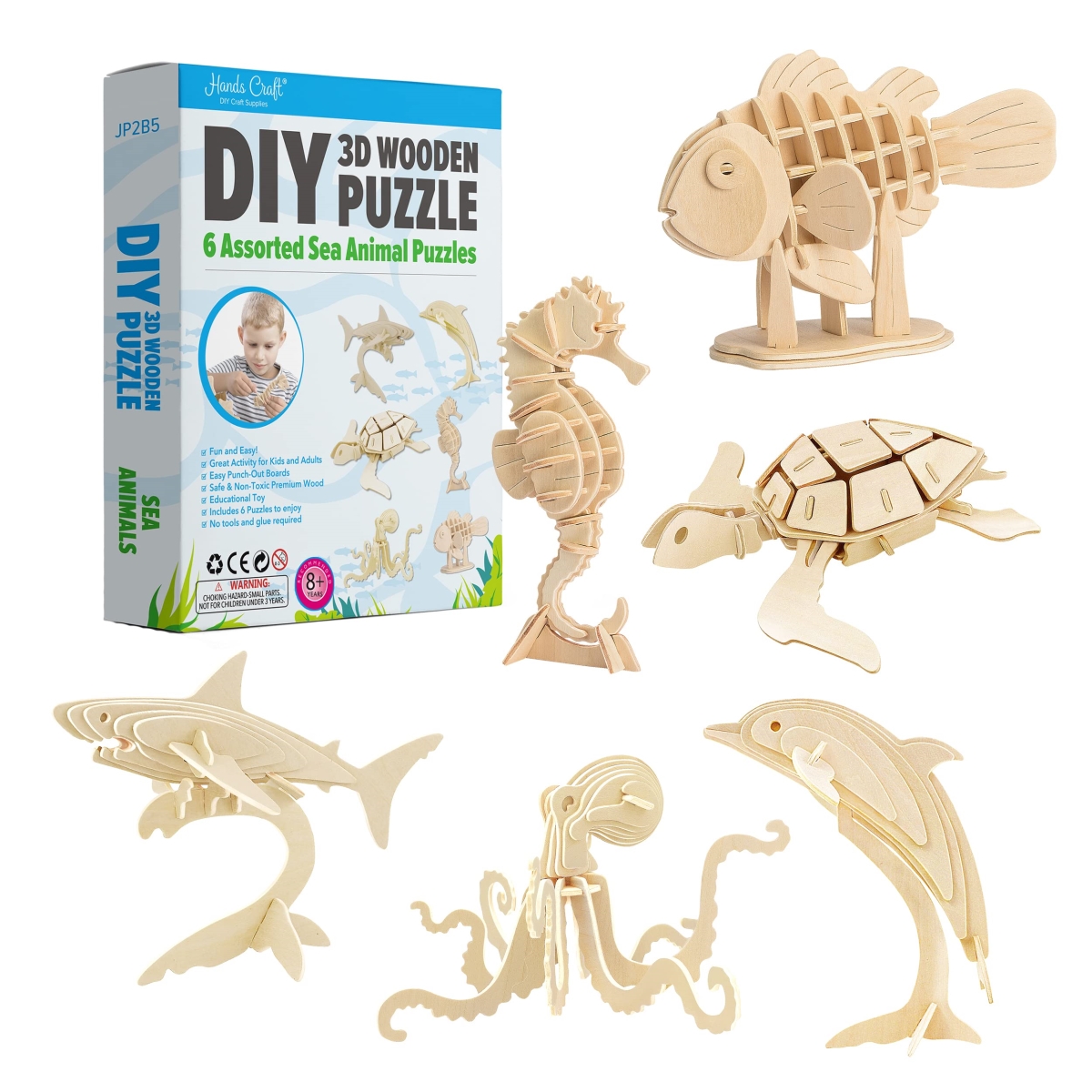 NT86845 Hands Craft DIY 3D Wooden Puzzle Sea Animals Bundle Pack Set