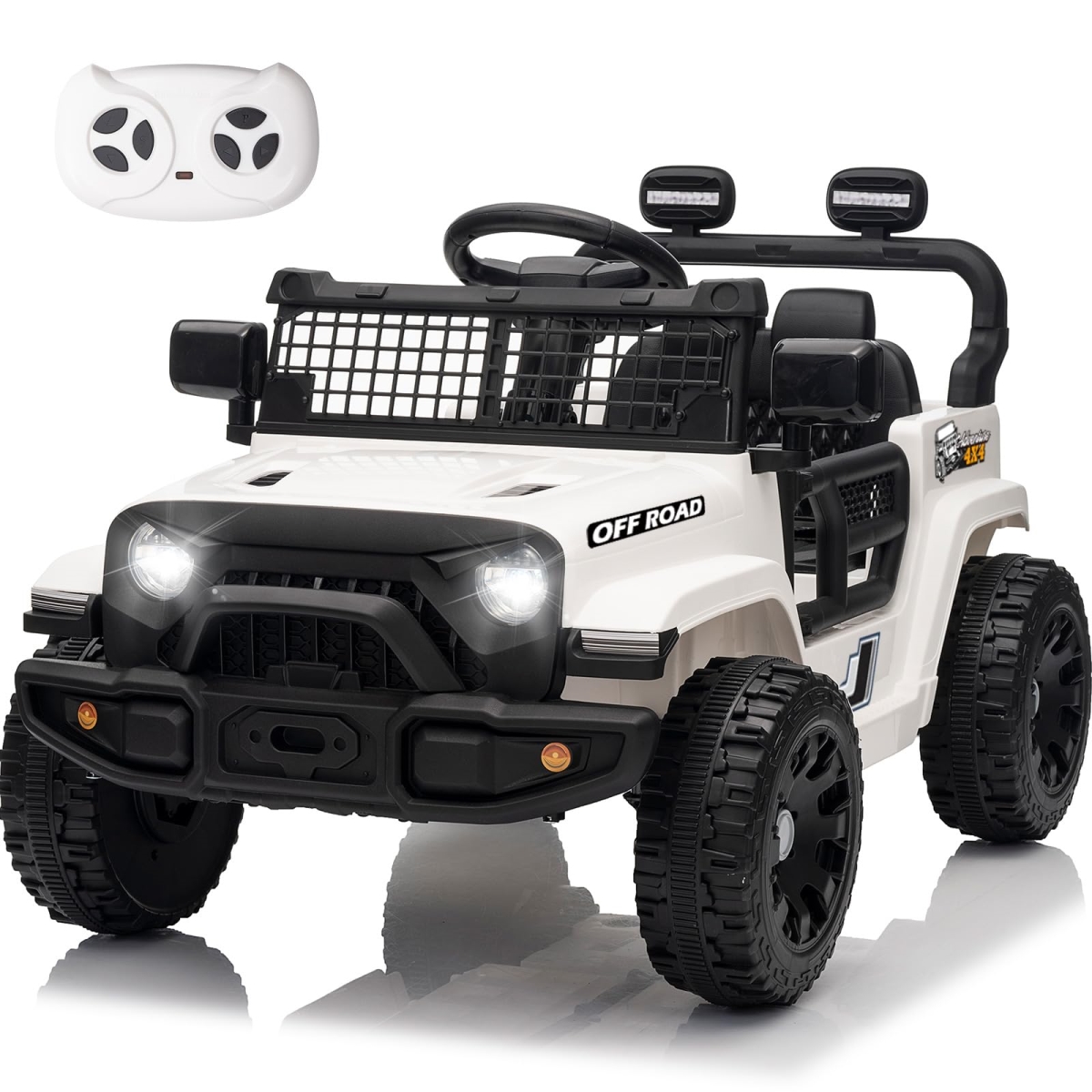NT86902 12V Kids Electric Car - Ride On Truck with Remote Control, LED Lights, Music, Battery Powered - White
