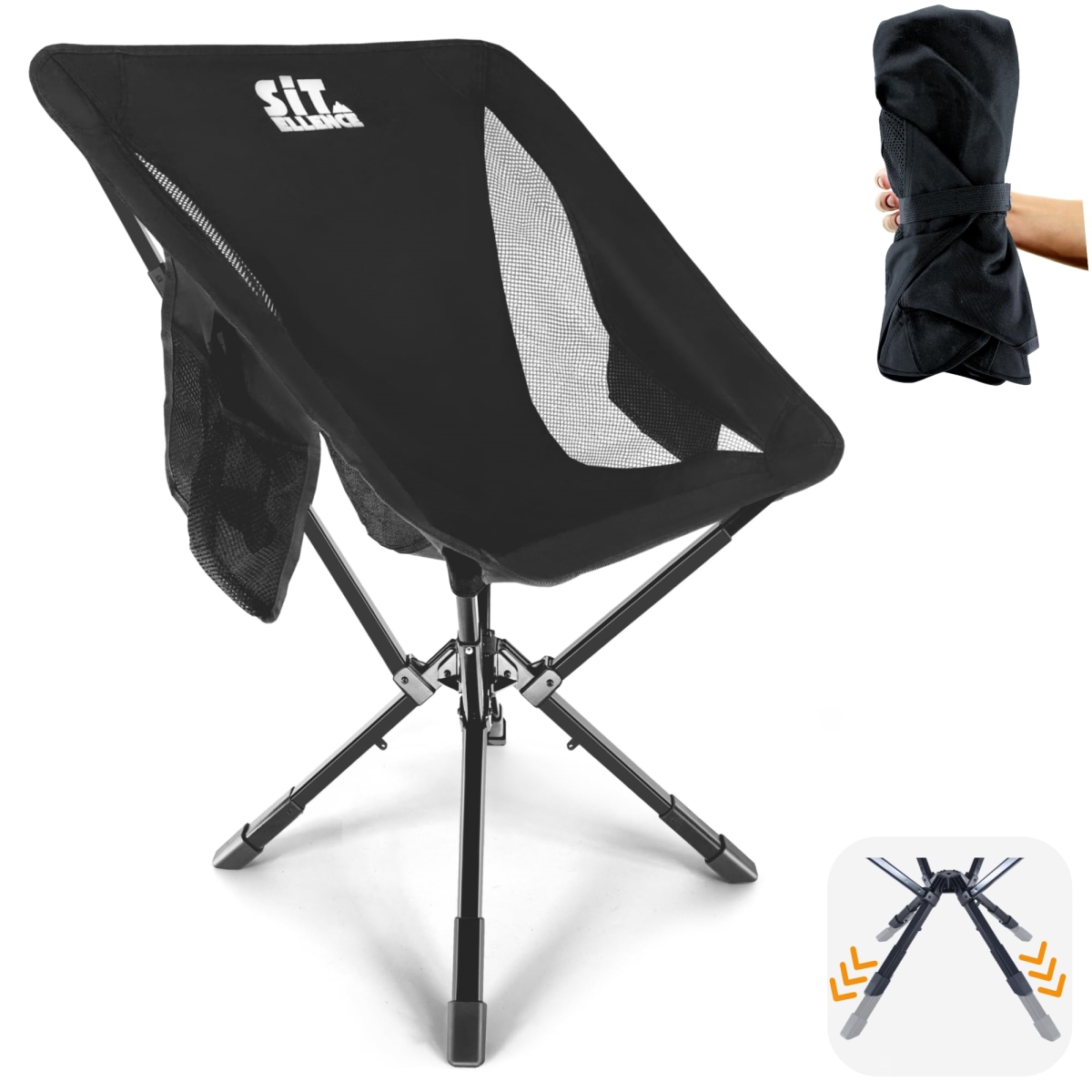 NT87018 ADJ-S2 Portable Camping Chair - Adjustable Height Folding Chair, Compact Collapsible, Supports 330 lbs - Black