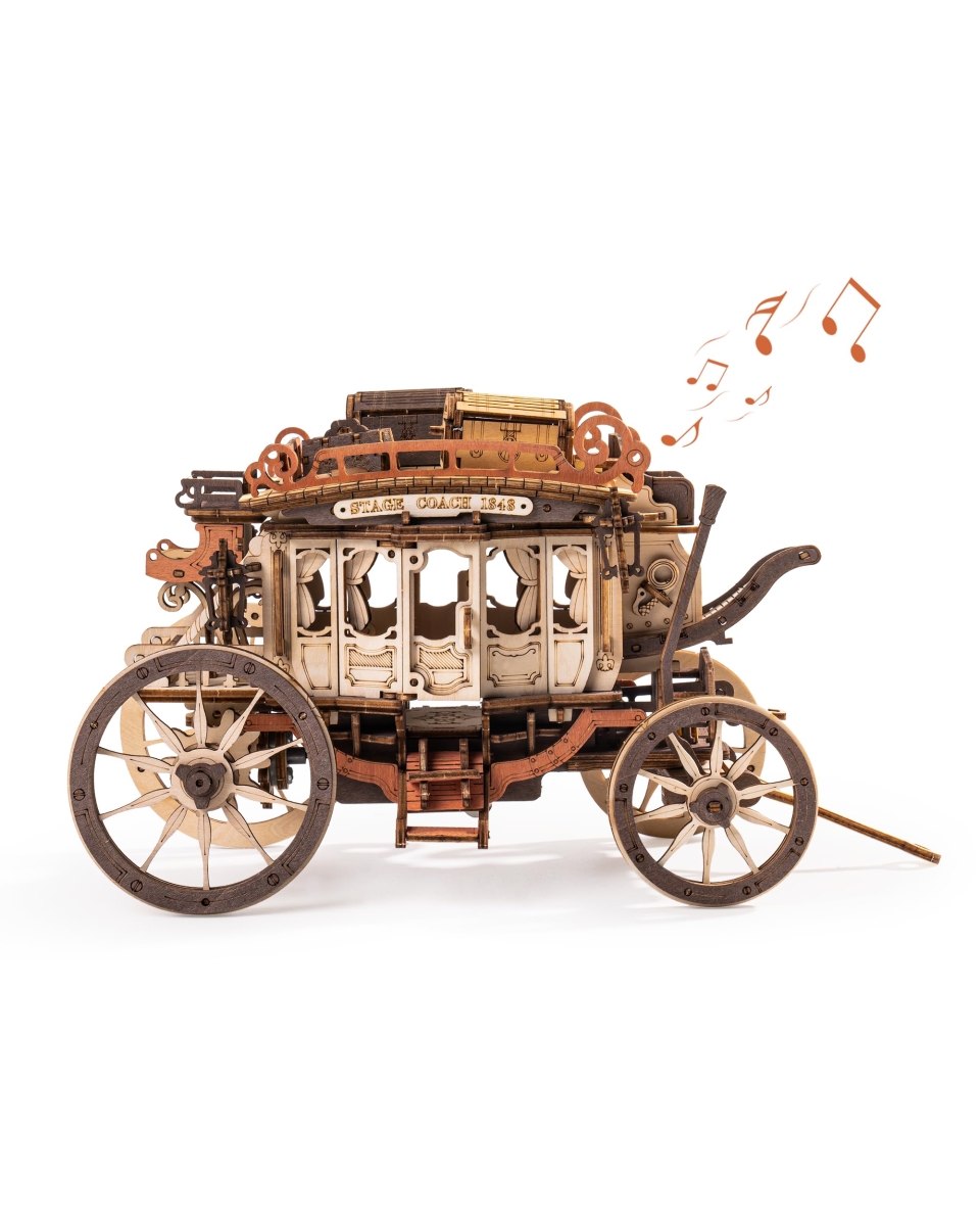 NT87221 ROBOTIME Stagecoach Wooden Music Box Puzzle AMKA1, 3D Wooden Puzzle for Adults, Mechanical 3D Model to Build