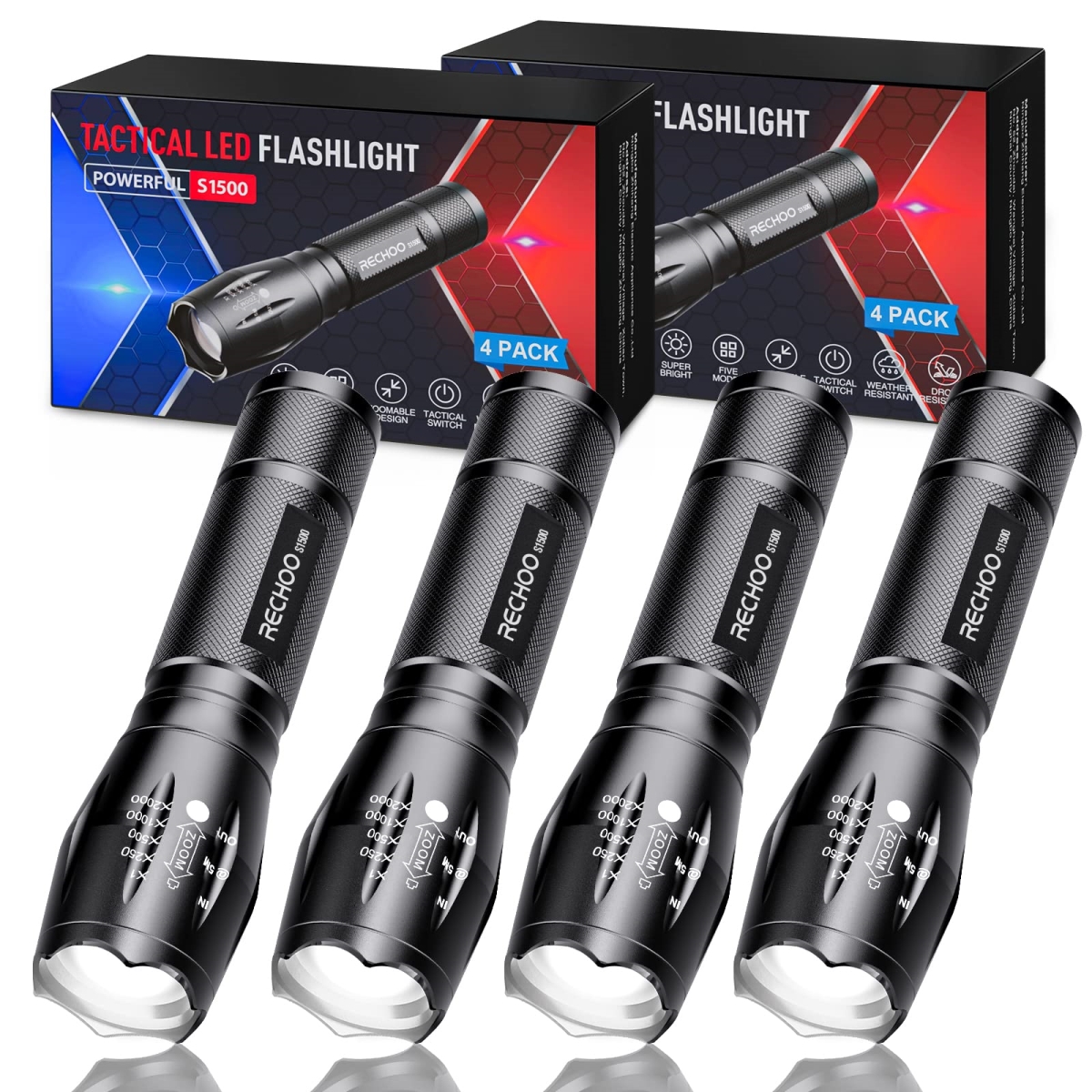 NT87380 RECHOO Tactical Flashlights Bright Zoomable LED with High Lumens & 5 Modes - Pack of 4