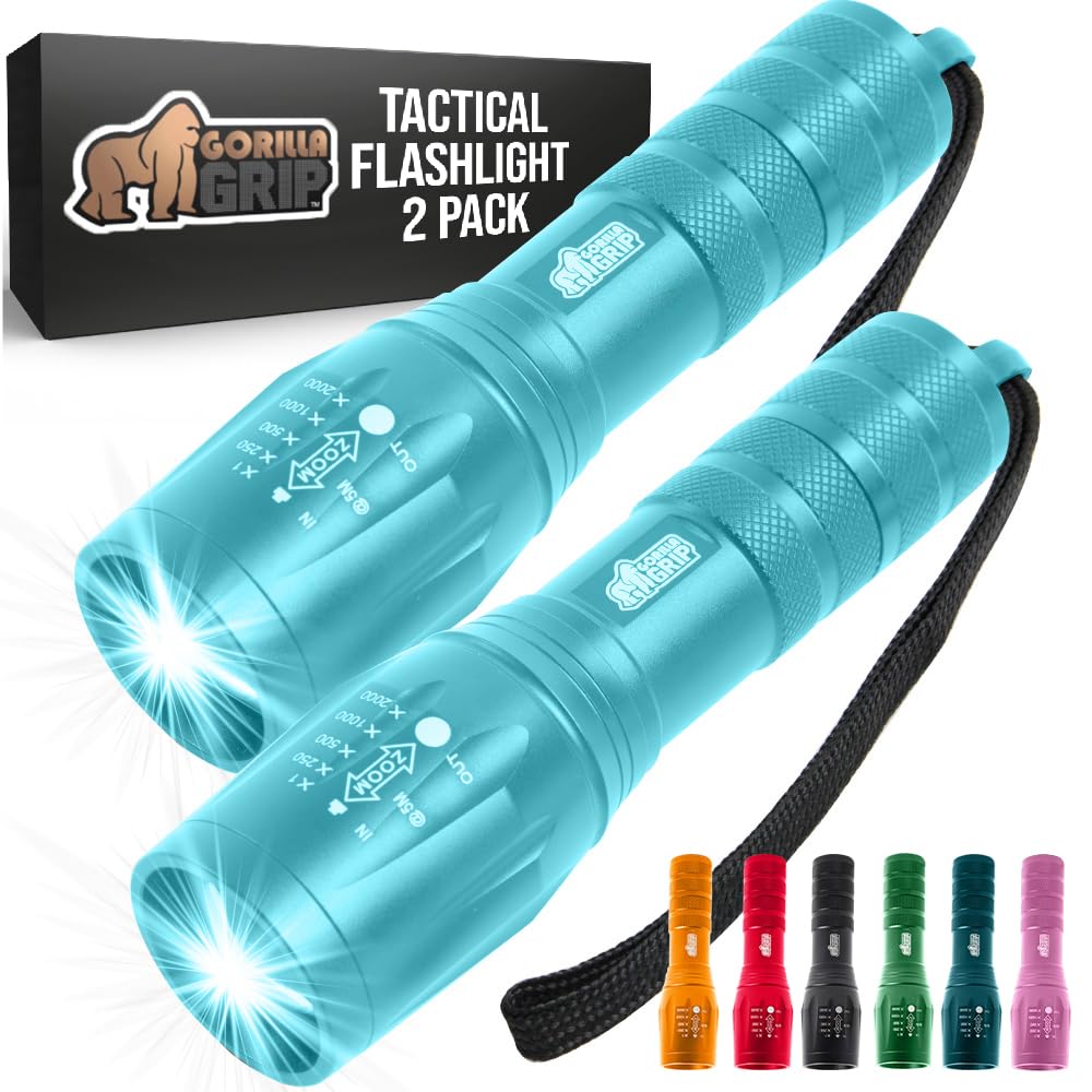 GORILLA GRIP LED Tactical Flashlights, 750 ft. High Lumens, Water Resistant, Ultra Bright, Small Mini, Turquoise - Pack of 2