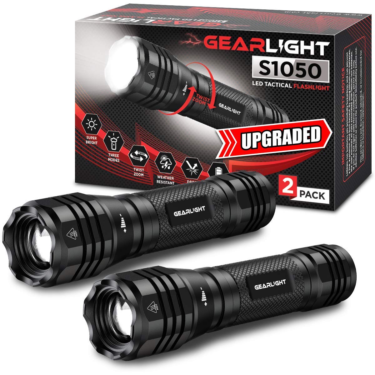 NT87781 Gear Light S1050 LED Flashlights - High Lumens, 3 Modes - Pack of 2