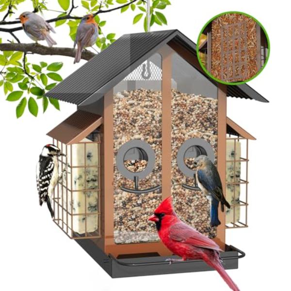 NT88073 Metal Bird Feeder with Double Suet Cage & Weatherproof Roof, 2-in-1 Mixed Seeds Suet Feeder - 4 lbs Capacity