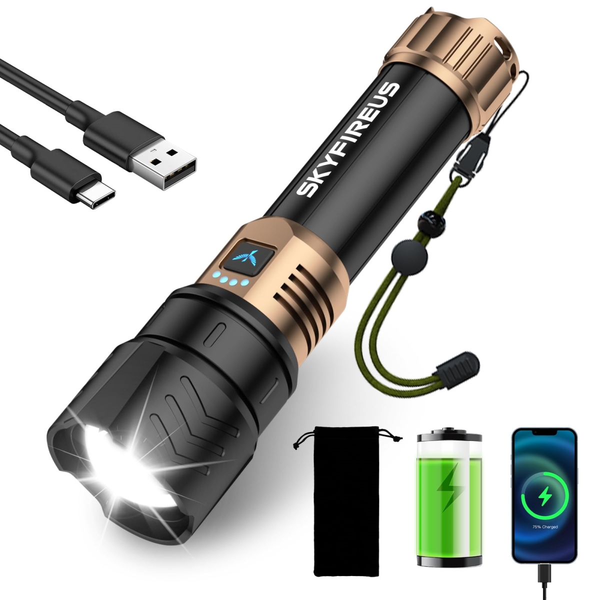 NT88079 SKYFIRE LED Flashlights, 15000 Lumens, Rechargeable, Zoomable, Tactical Flashlights