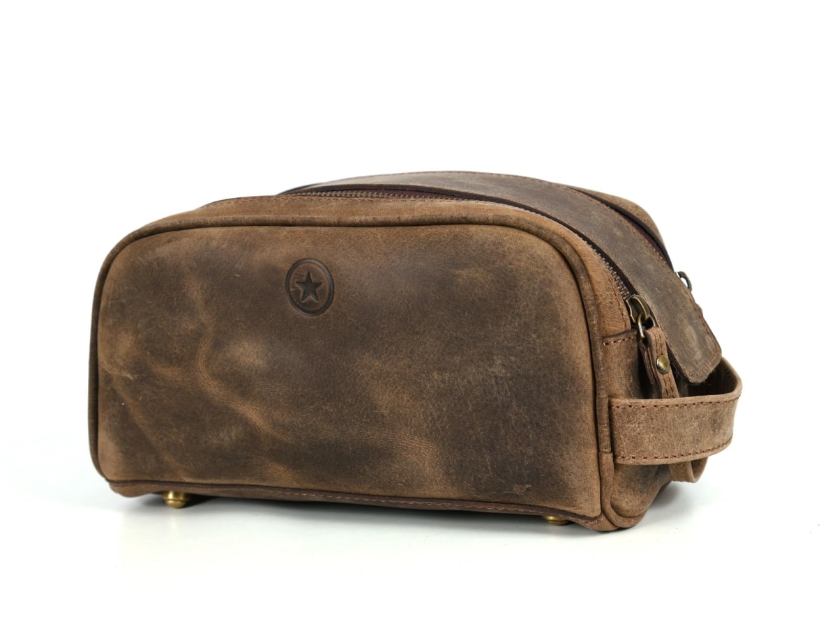 NT83742 10 in. Premium Leather Toiletry Travel Pouch with Waterproof Lining, King Size Handcrafted Vintage Dopp Kit - Brown