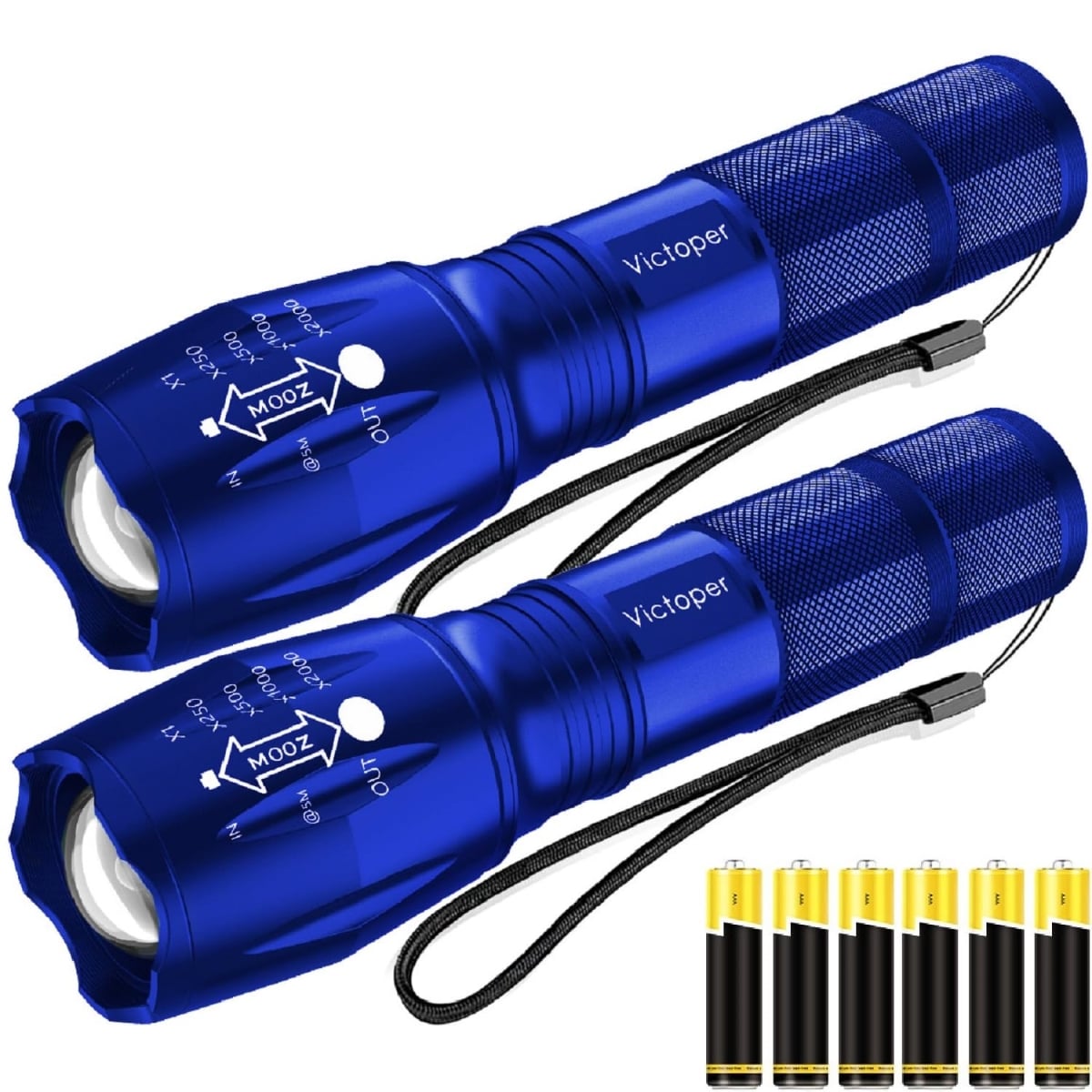 NT83781 Victoper LED Flashlight, Bright High Lumens Tactical Flashlights with 5 Modes - Waterproof Zoomable - Blue - Pack of 2