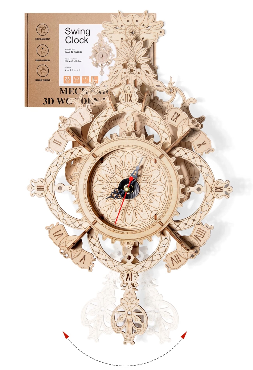 NT84262 3D Wooden Puzzle Clock Kit DIY Mechanical Wall Clock with Hanging Pendulum