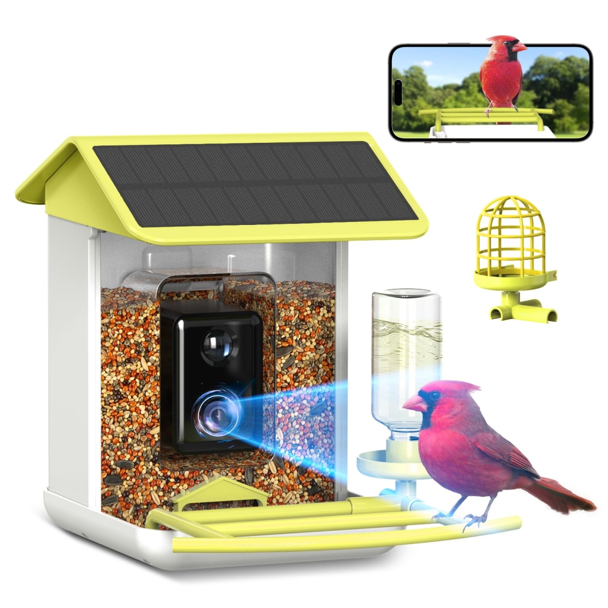 NT84415 Bird Feeder with Camera, Solar-Powered, 1080P HD, App Alerts & Two-Way Audio for Wildlife Watching - Yellow