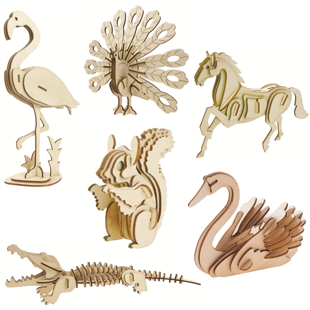 NT84685 3D Wooden Wild Animal Puzzle - Set Wood Wild Animals Skeleton Assembly Model Kits - 6 Piece
