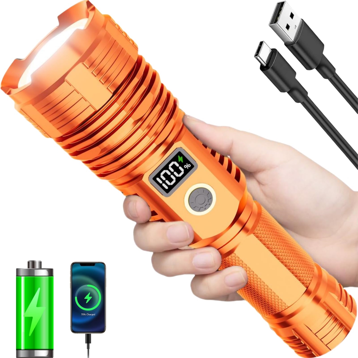 NT84714 Flashlights High Lumens Rechargeable LED Flashlight with LCD Display, Zoomable, 5 Modes, Waterproof, Tactical