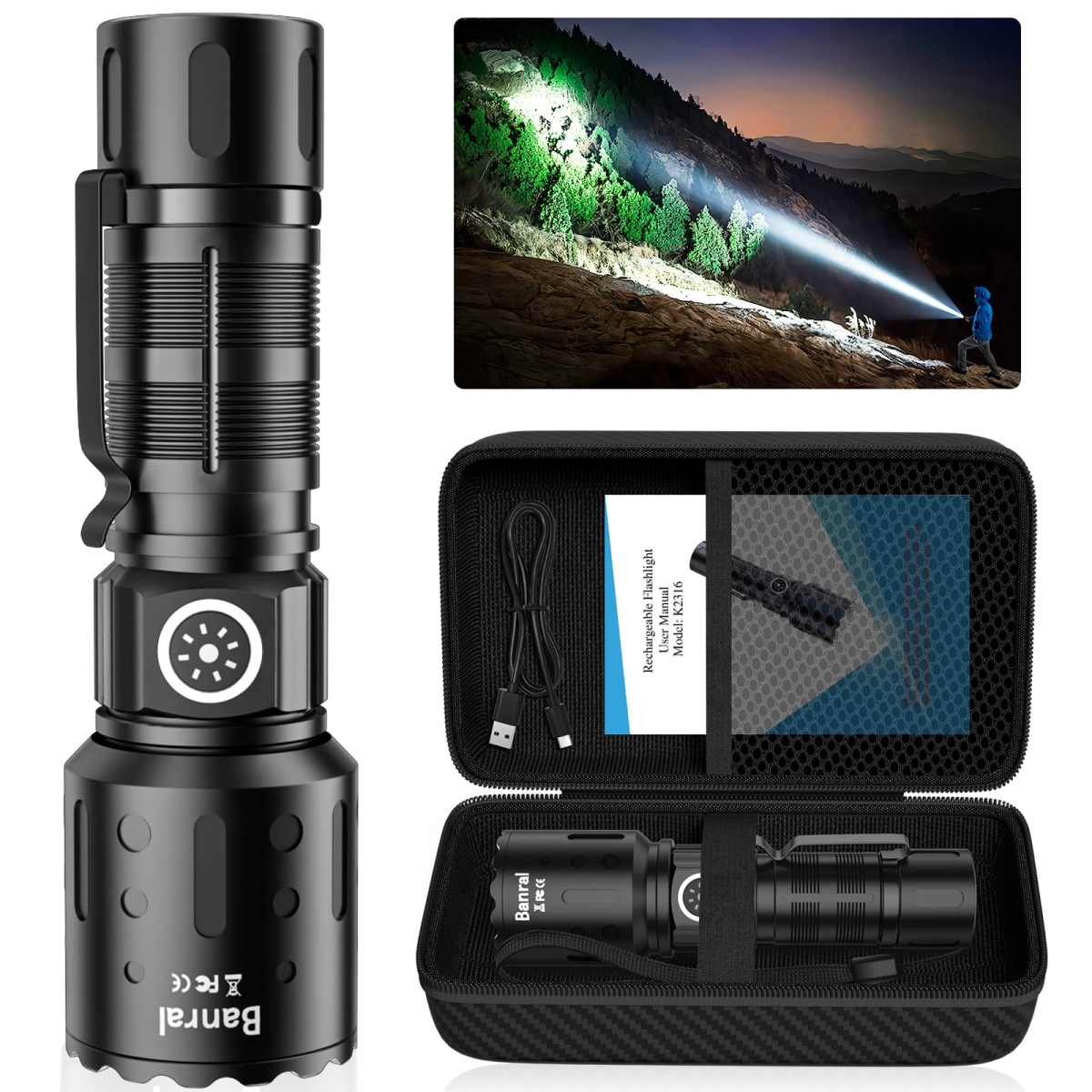 NT84779 Banral Flashlights High Lumens Rechargeable, Super Bright LED Small Powerful Flashlight with Memory Function - Black