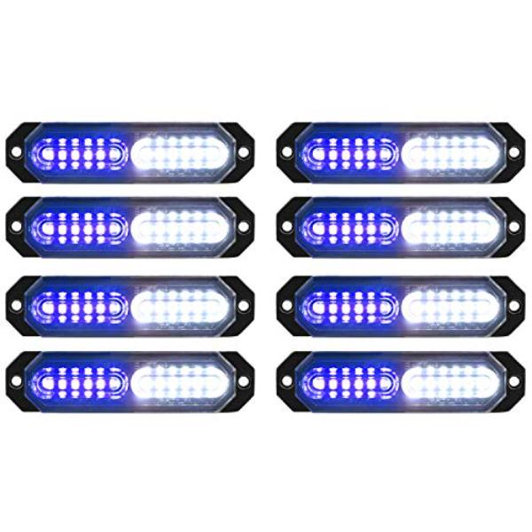 NT84821 ASPL Ultra Slim 12-LED Surface Mount Flashing Strobe Lights for Truck Car Vehicle, Blue & White - 8 Piece