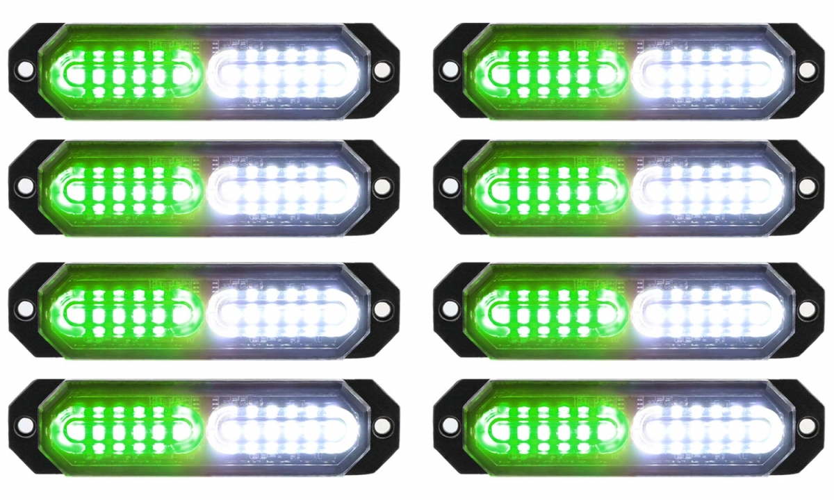 NT84823 ASPL Sync Feature Ultra Slim 12-LED Surface Mount Flashing Strobe Lights for Vehicle Emergency Warning, Green & White - 8 Piece