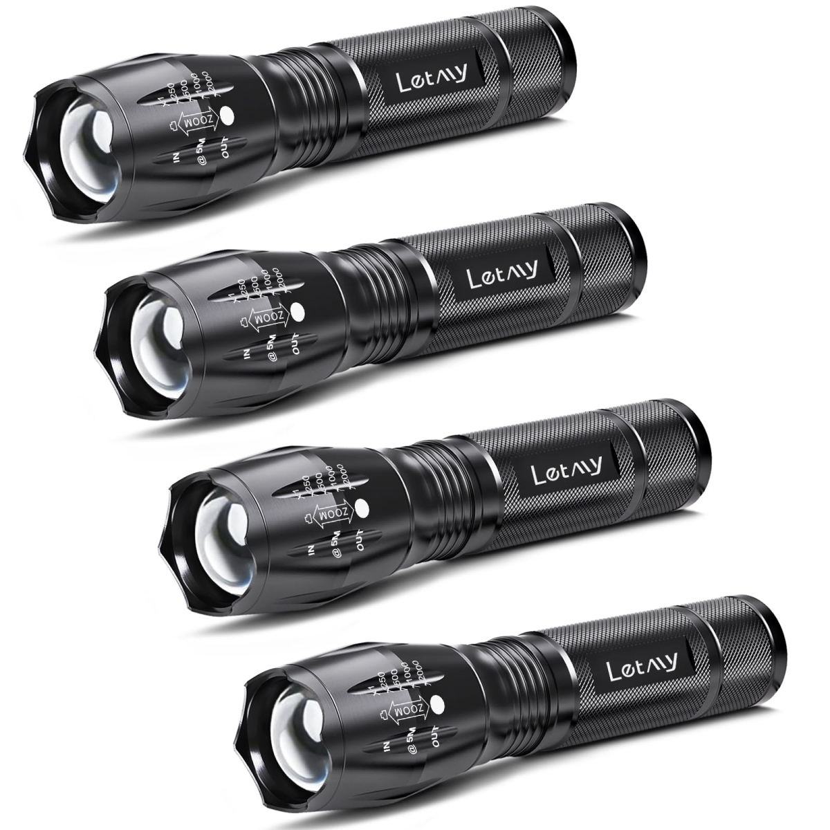 NT84846 LETMY LED Tactical Flashlights S2000 High Lumens, Zoomable, 5 Modes, Waterproof Handheld Flashlights - Pack of 4