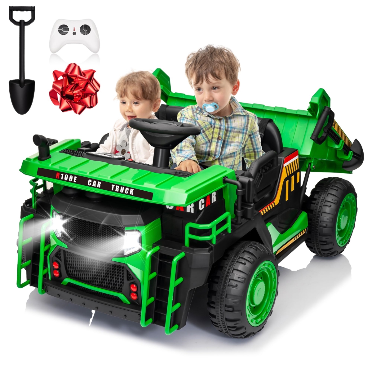NT85233 24V 2 Seater Ride On Dump Truck, Kids Electric Car with Electric Dump Bed & Shovel, Green