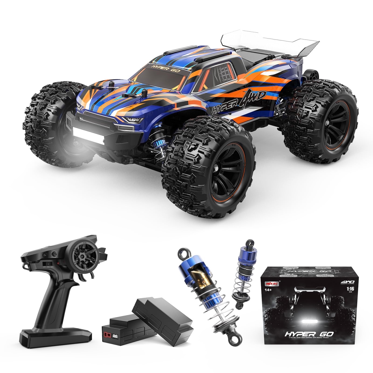 NT85505 HYPER GO H16DR 1-16 Scale Fast Remote Control Car, 4WD All Terrain RTR Remote Control Truck with 2 LiPo Batteries