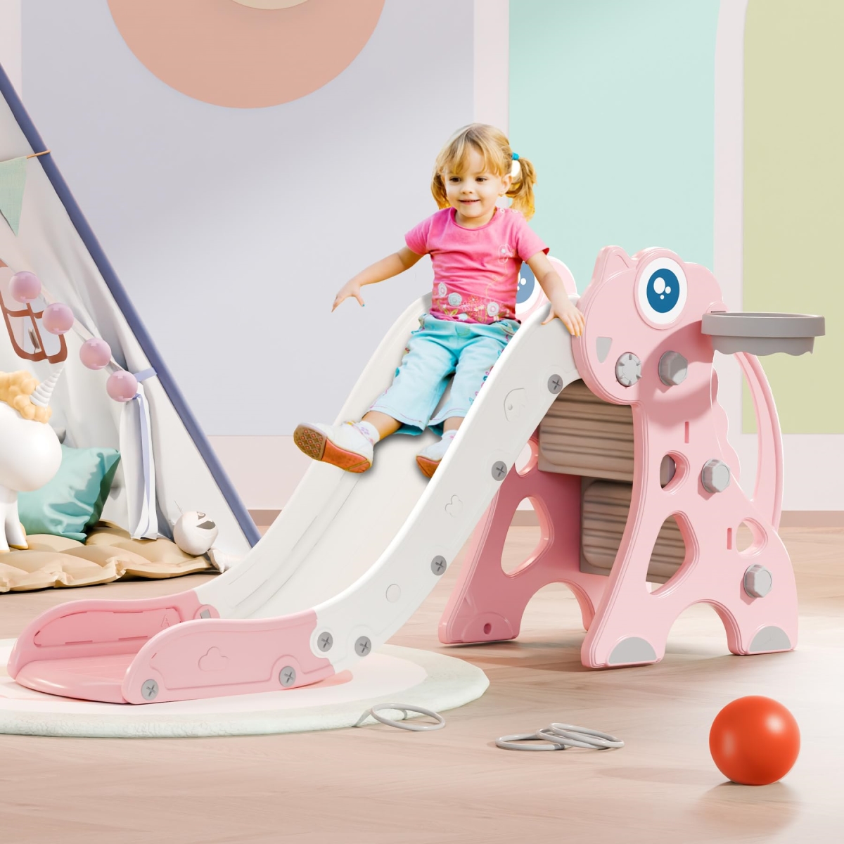 NT85558 Babytronic Toddler Slide with Basketball Hoop & Ring Toss, Foldable Baby Plastic Slide - Pink