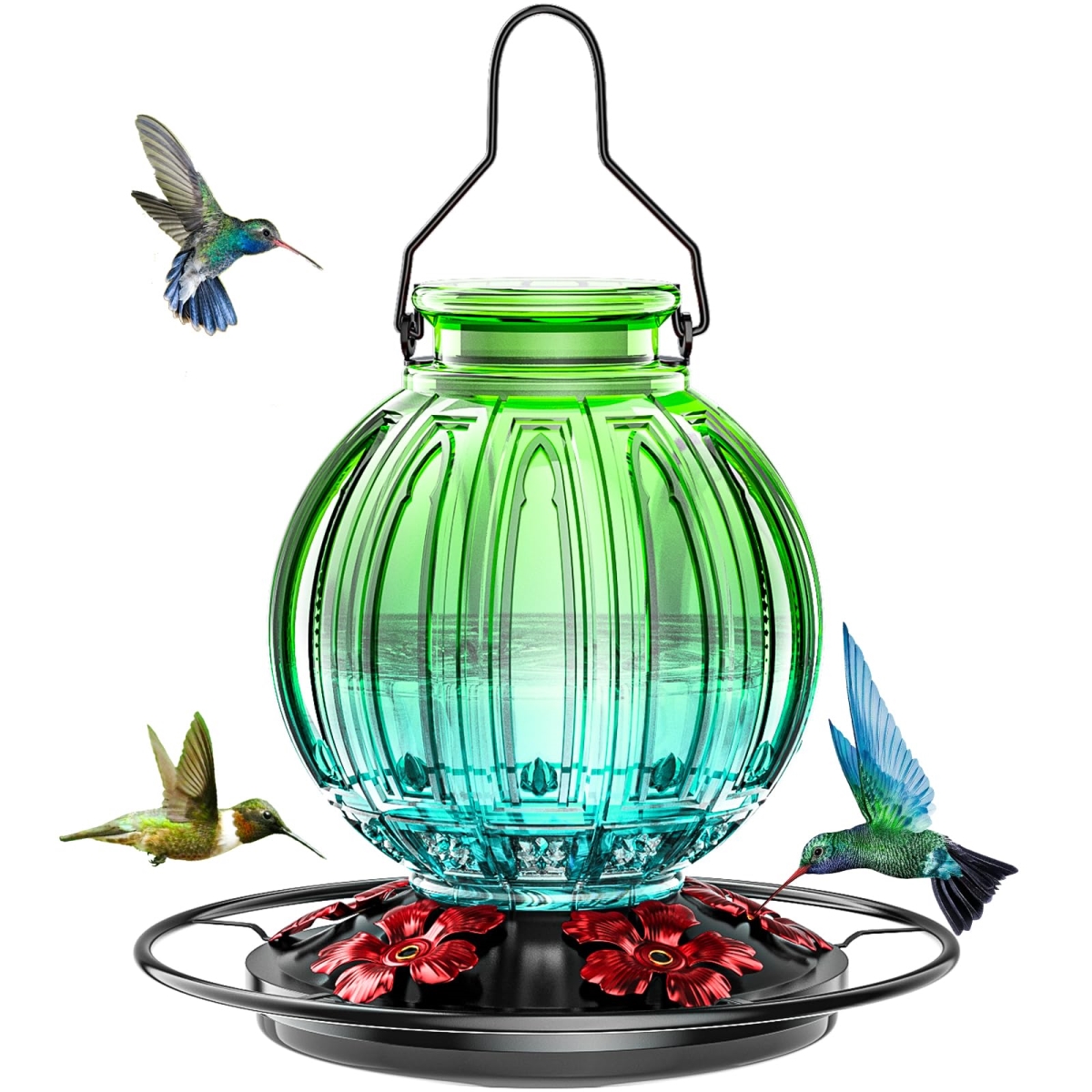 NT85564 Glass Hummingbird Feeder, 26 oz Leak Proof - Green & Blue
