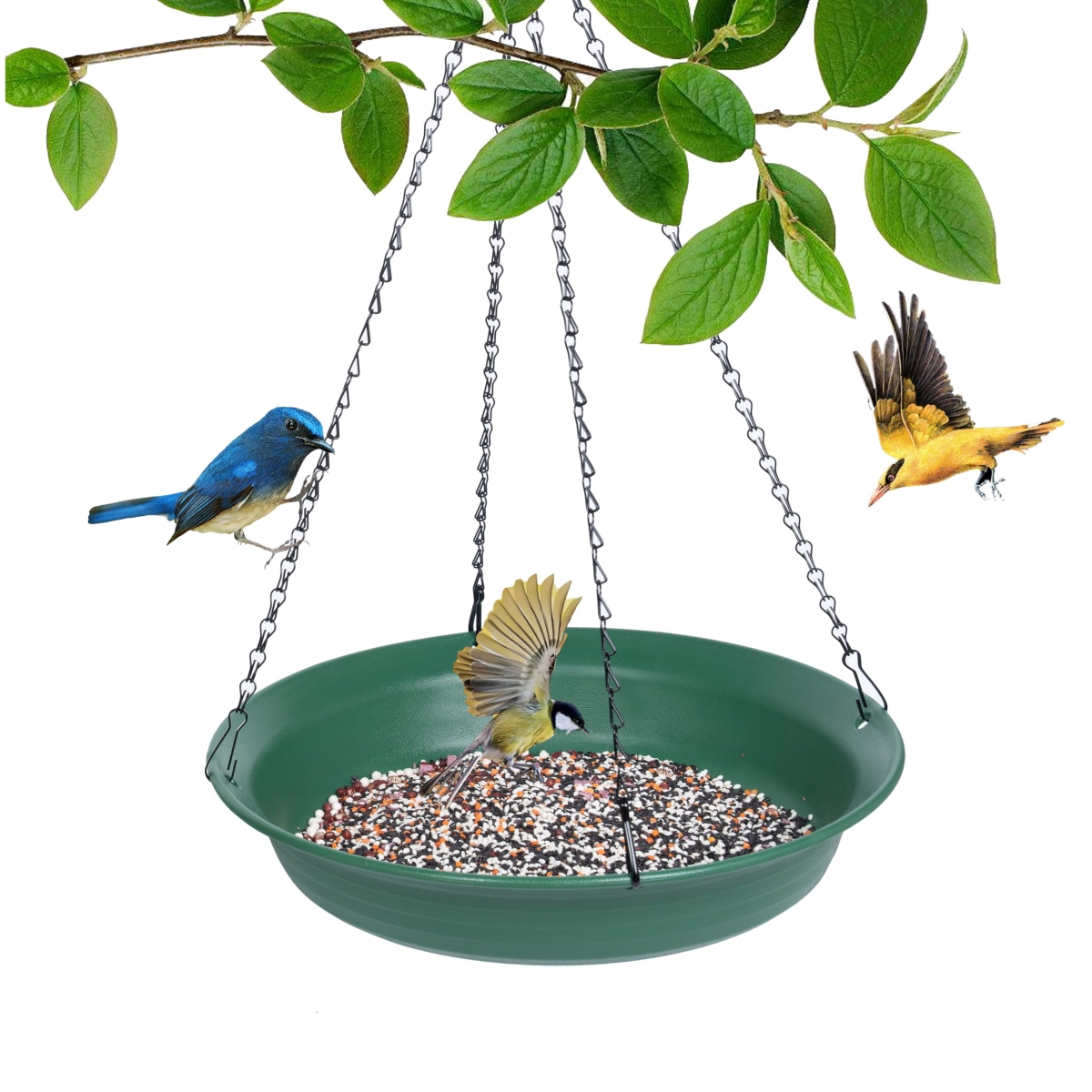 NT85871 20 in. Hanging Bird Feeder with Hole, Platform Flat Bird Seed Tray for Outdoors, Green