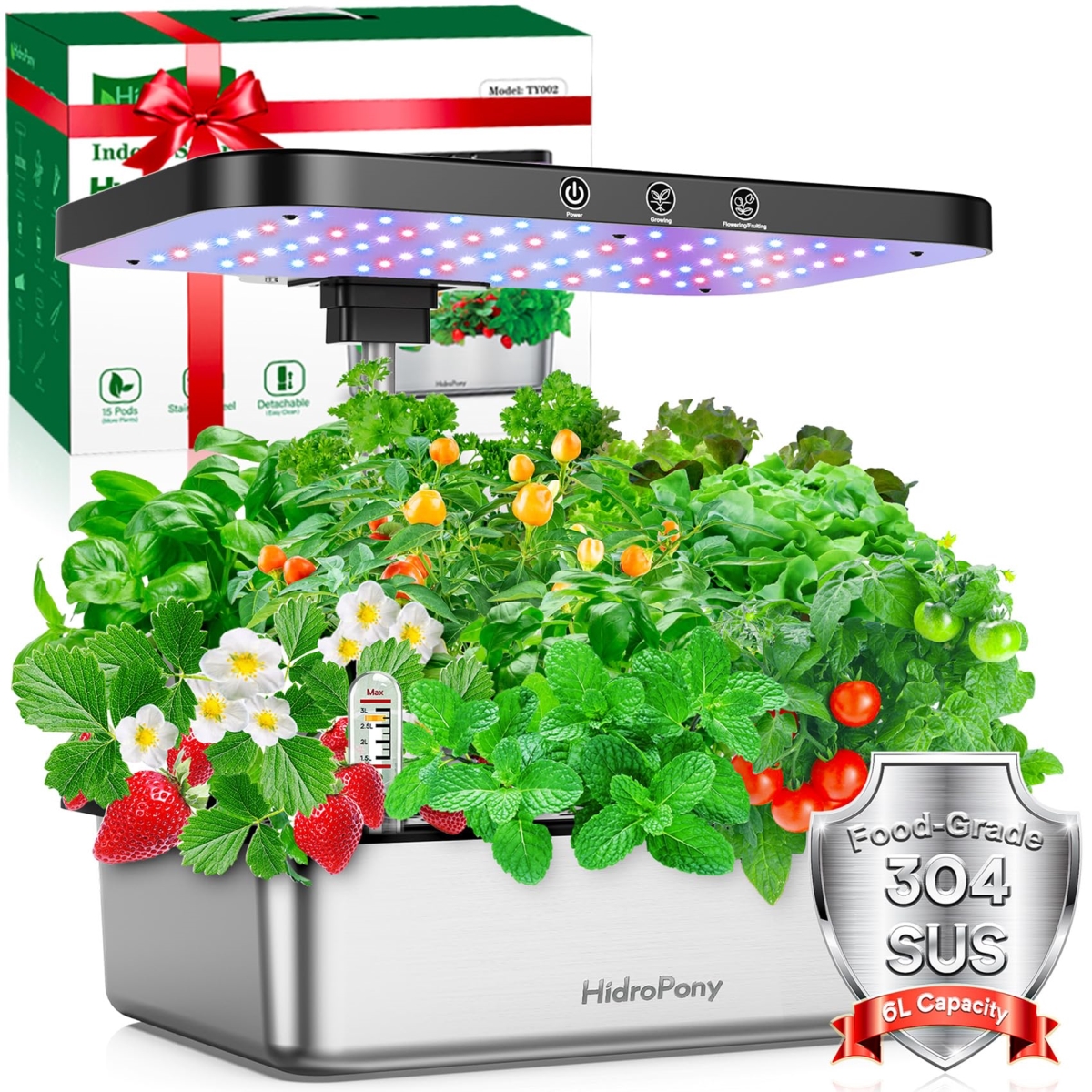 NT85948 Hydroponics Growing System Indoor Garden with Grow Light, 15 Pods Stainless Steel Kit