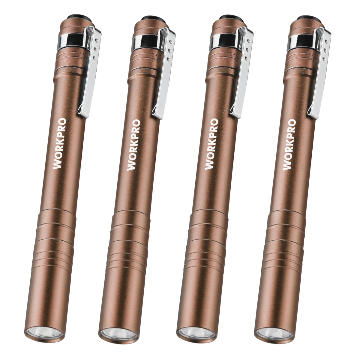 NT86429 WORKPRO LED Pen Light, Aluminum Pocket Flashlights with Clip, Brown - Pack of 4