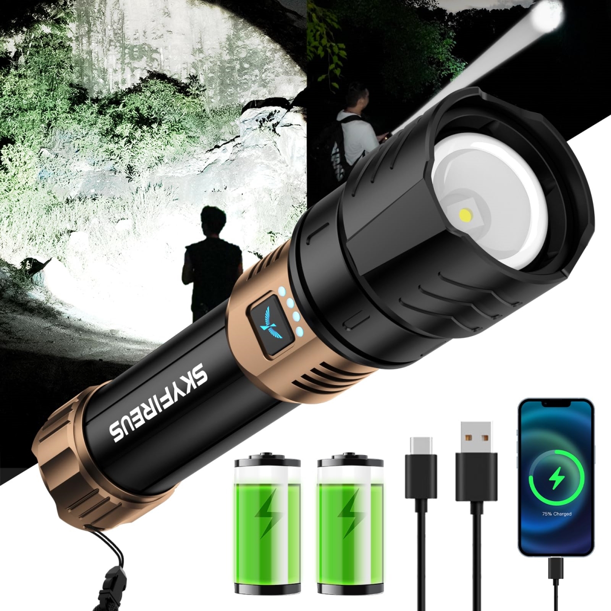 NT86470 SKYFIRE Rechargeable Flashlights High Lumens, LED, Zoomable, Four Modes, Waterproof, 8000 mAh