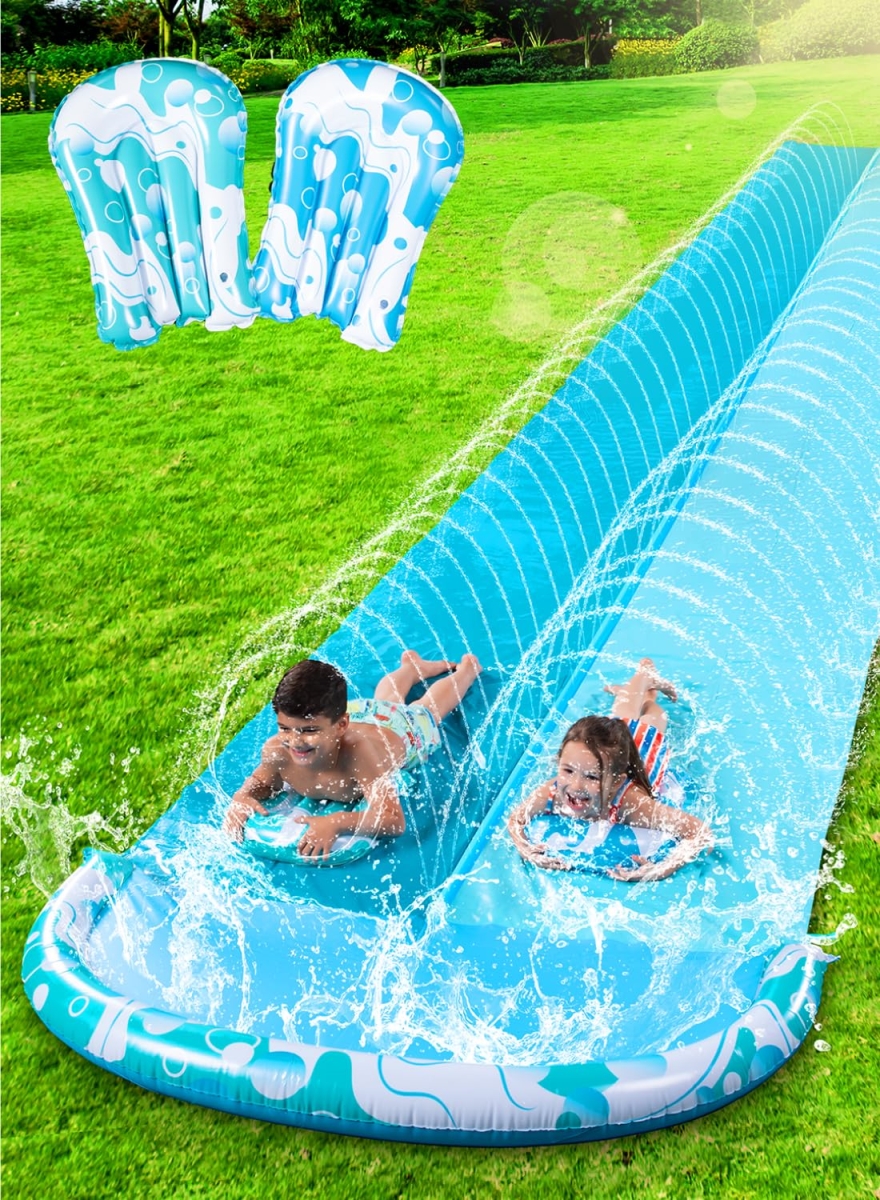 22.5 ft. JOYIN Water Slide with 2 Inflatable Boards, Heavy Duty Double Lawn Waterslide with Sprinkler for Kids & Adults - Blue & Light Blue