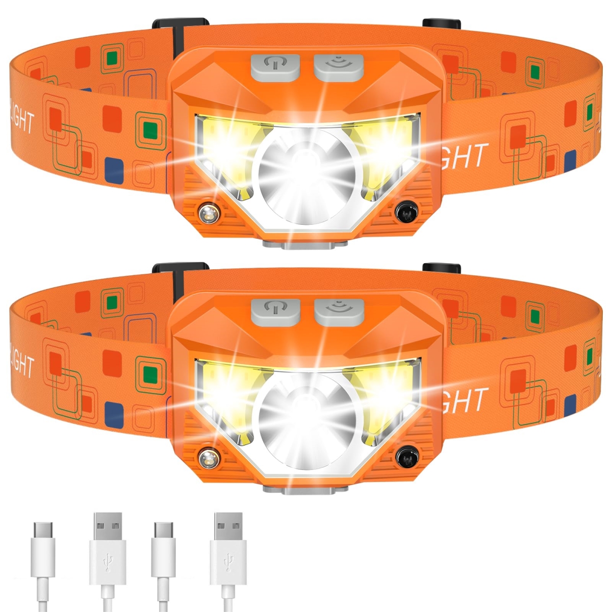 NT86672 LHKNL Rechargeable LED Headlamp Flashlights, Waterproof, 8 Modes, Orange - Pack of 2
