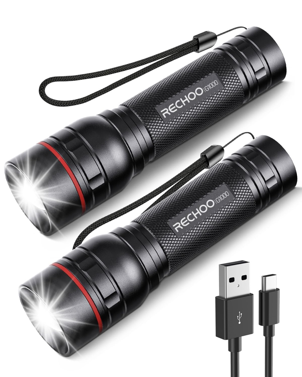 NT87078 RECHOO Rechargeable Flashlights G1000 Super Bright LED Tactical Flashlight with 3 Lighting Modes - Pack of 2