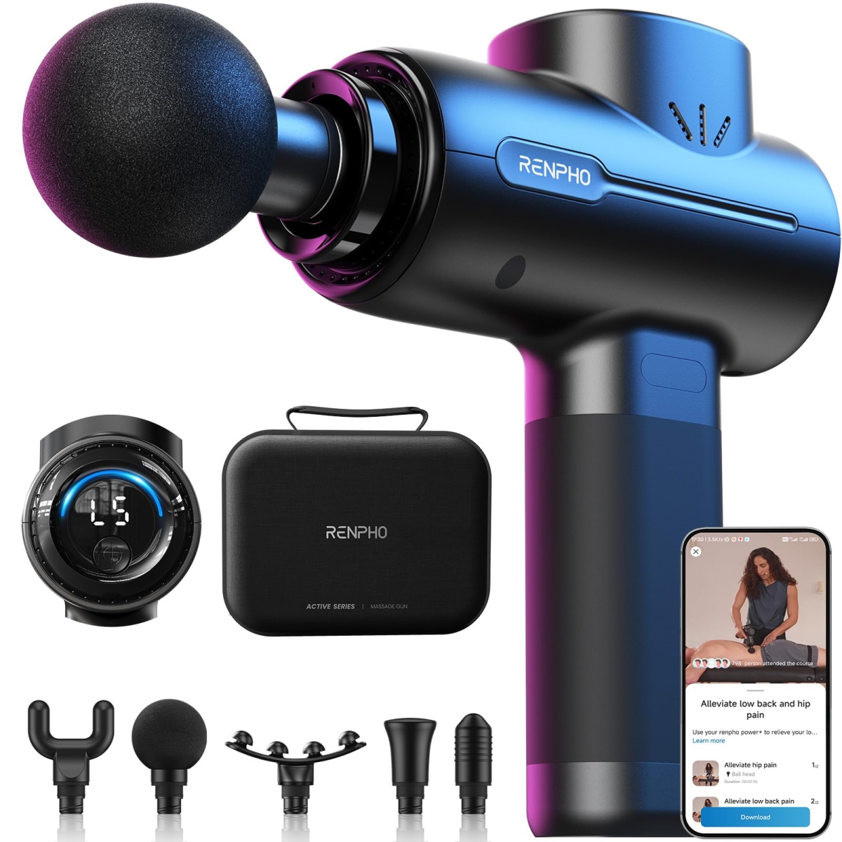 NT87312 RENPHO Massage Gun Deep Tissue, Portable Percussion Muscle Massager with Bluetooth, Handheld for Back & Neck