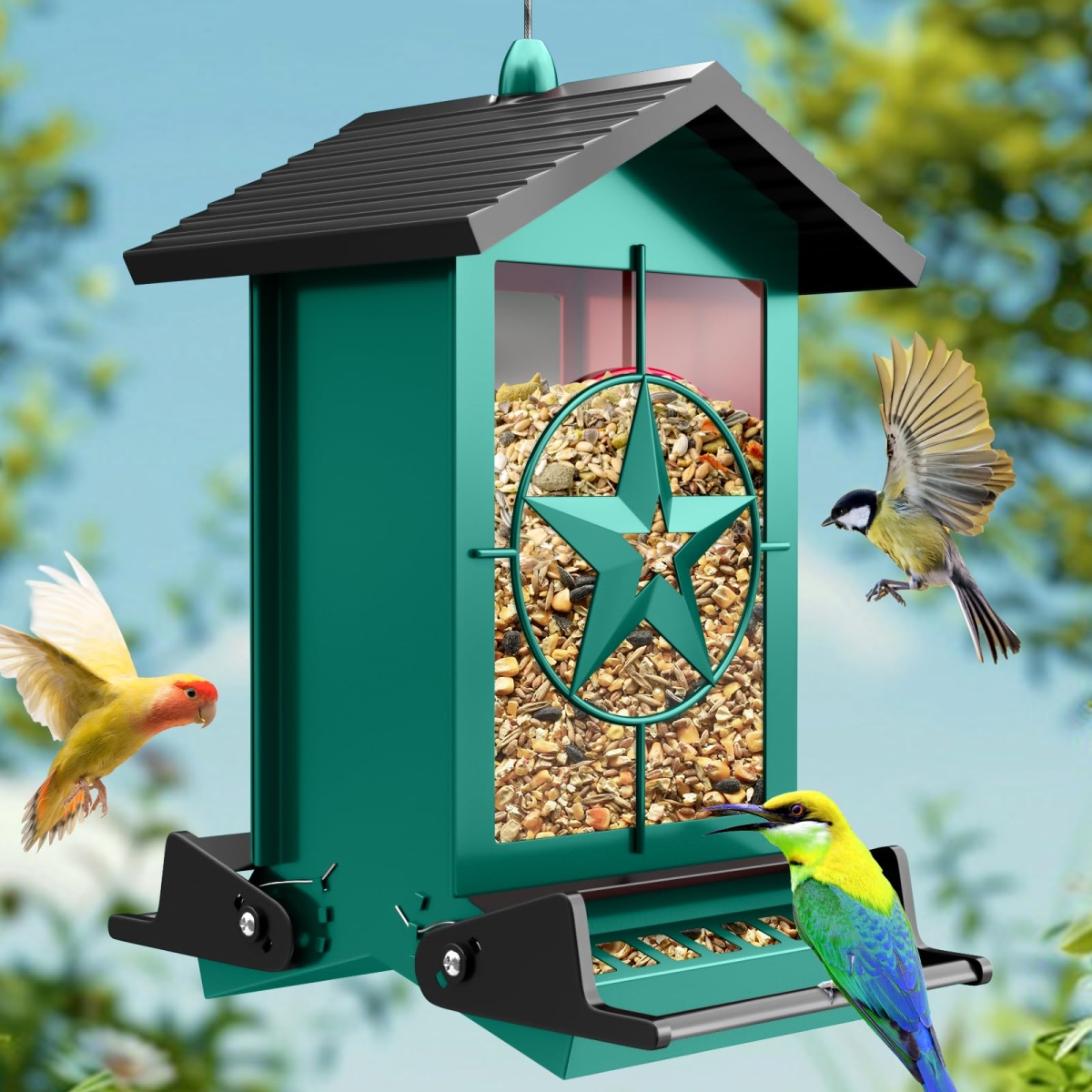 NT87372 Squirrel Proof Bird Feeder with Bilateral Weight-Activated Perches, 5 lbs Capacity for Finch, Cardinal, Blue Jay