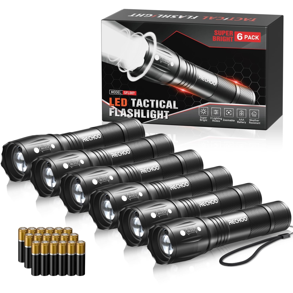 NT87454 LED Flashlights High Lumens Tactical Flashlight with 3 Modes, Pocket Small, Waterproof Zoomable - Pack of 6
