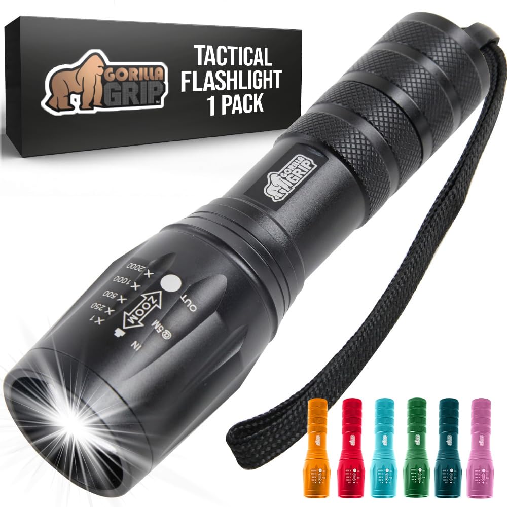 NT87530 GORILLA GRIP LED Tactical Flashlights, 750 ft. High Lumens, Water Resistant, Ultra Bright Zoom, Black