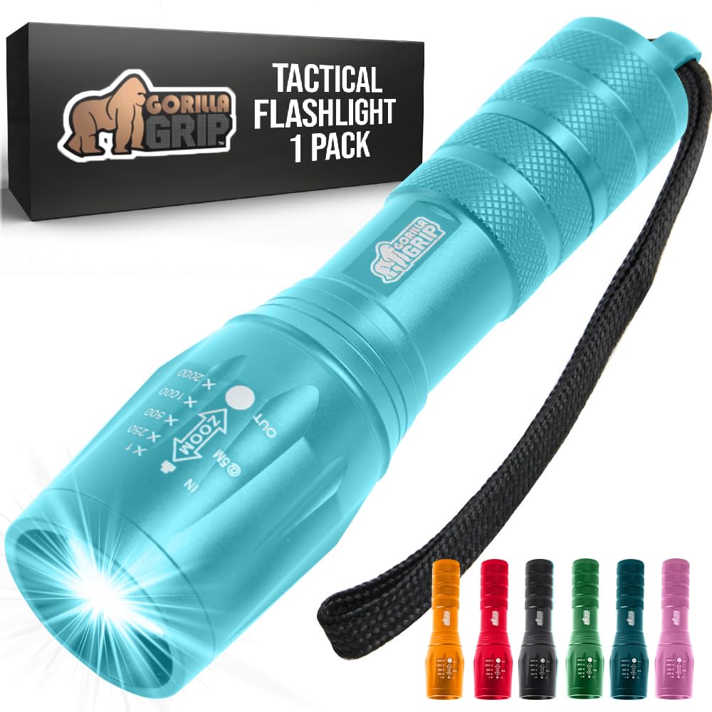NT87541 GORILLA GRIP LED Tactical Flashlights, 750 ft. High Lumens, 5 Modes, Water Resistant, Ultra Bright, Turquoise