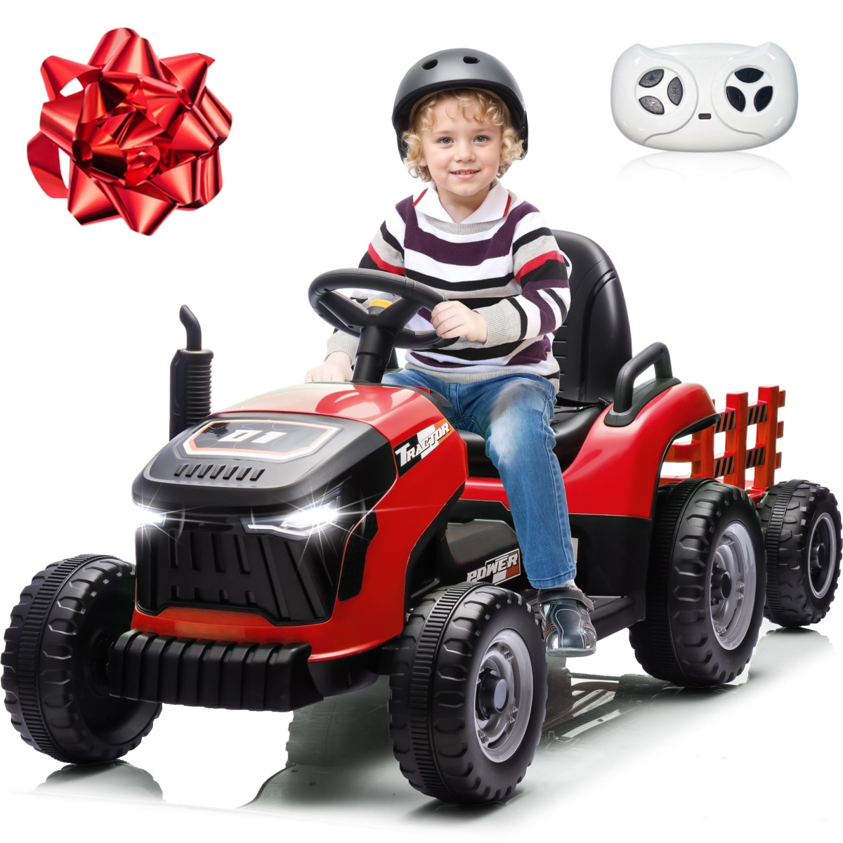 NT88051 24V Ride On Tractor for Kids with Tiltable Trailer, Adjustable Seat, Bluetooth, Music, Remote Control, Red