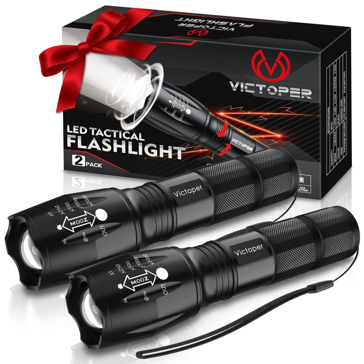 NT83793 Victoper LED Flashlights Bright Tactical Torch with 5 Modes, Waterproof Zoomable for Outdoor Use - Pack of 2