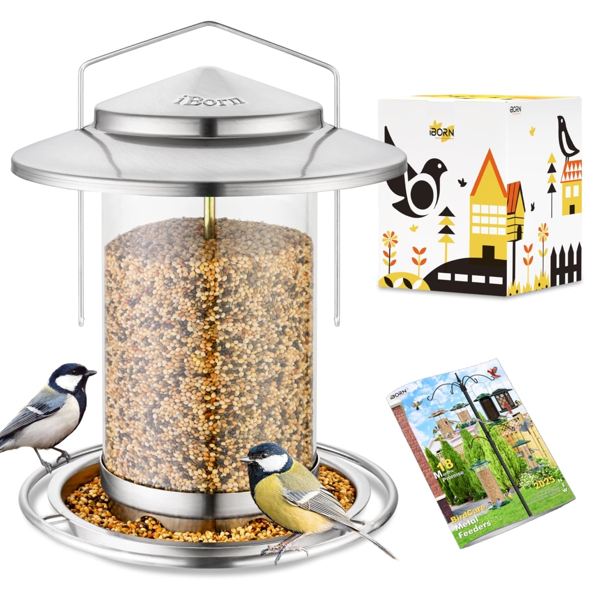 NT84093 iBorn Metal Bird Feeders for Outdoors, Easy Clean, Hanging, 3-Second Refill, Nickle 6 Port