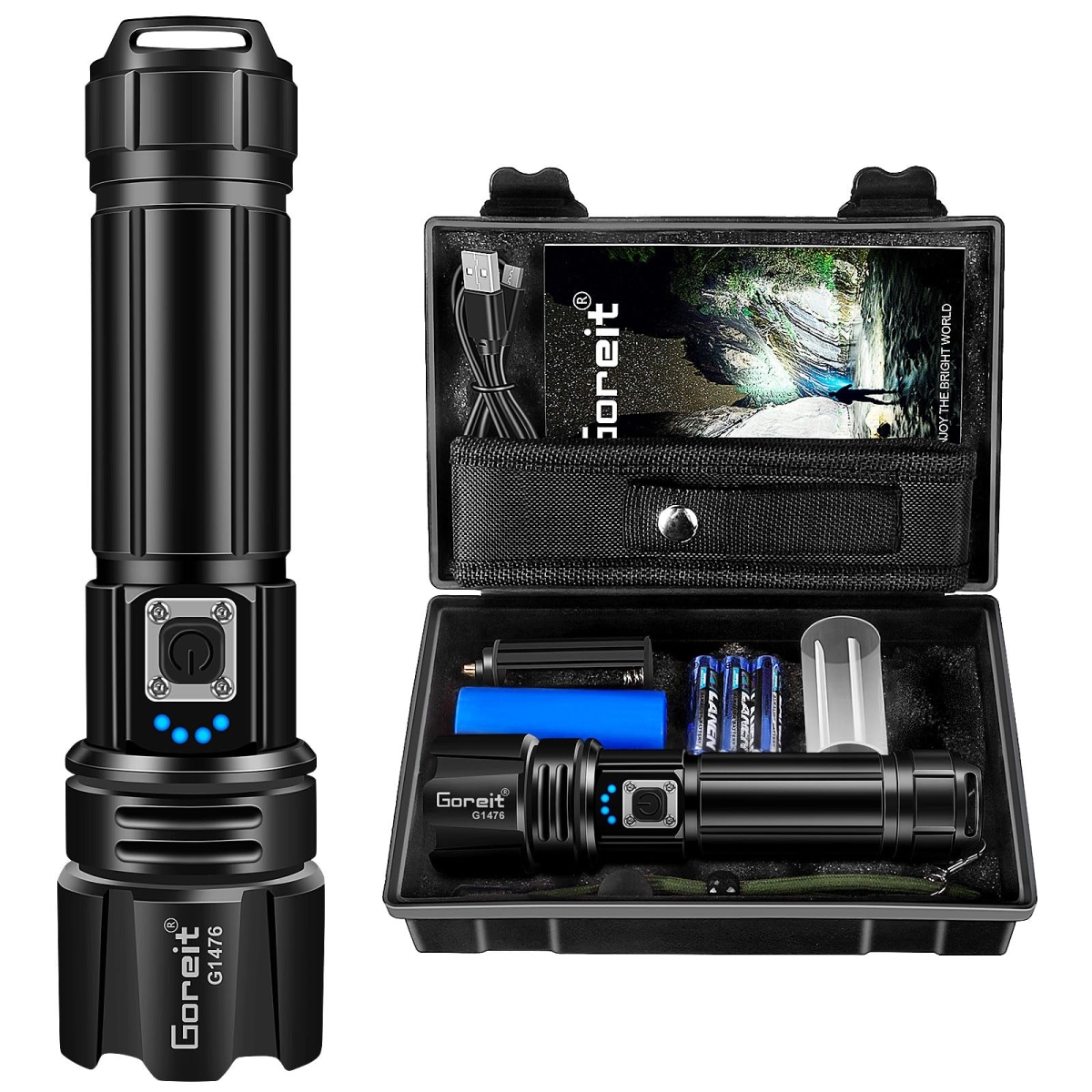 NT84099 Goreit Flashlight High Lumens Rechargeable, 2000 Lumens LED Flashlights XHP70.2 USB Super Bright