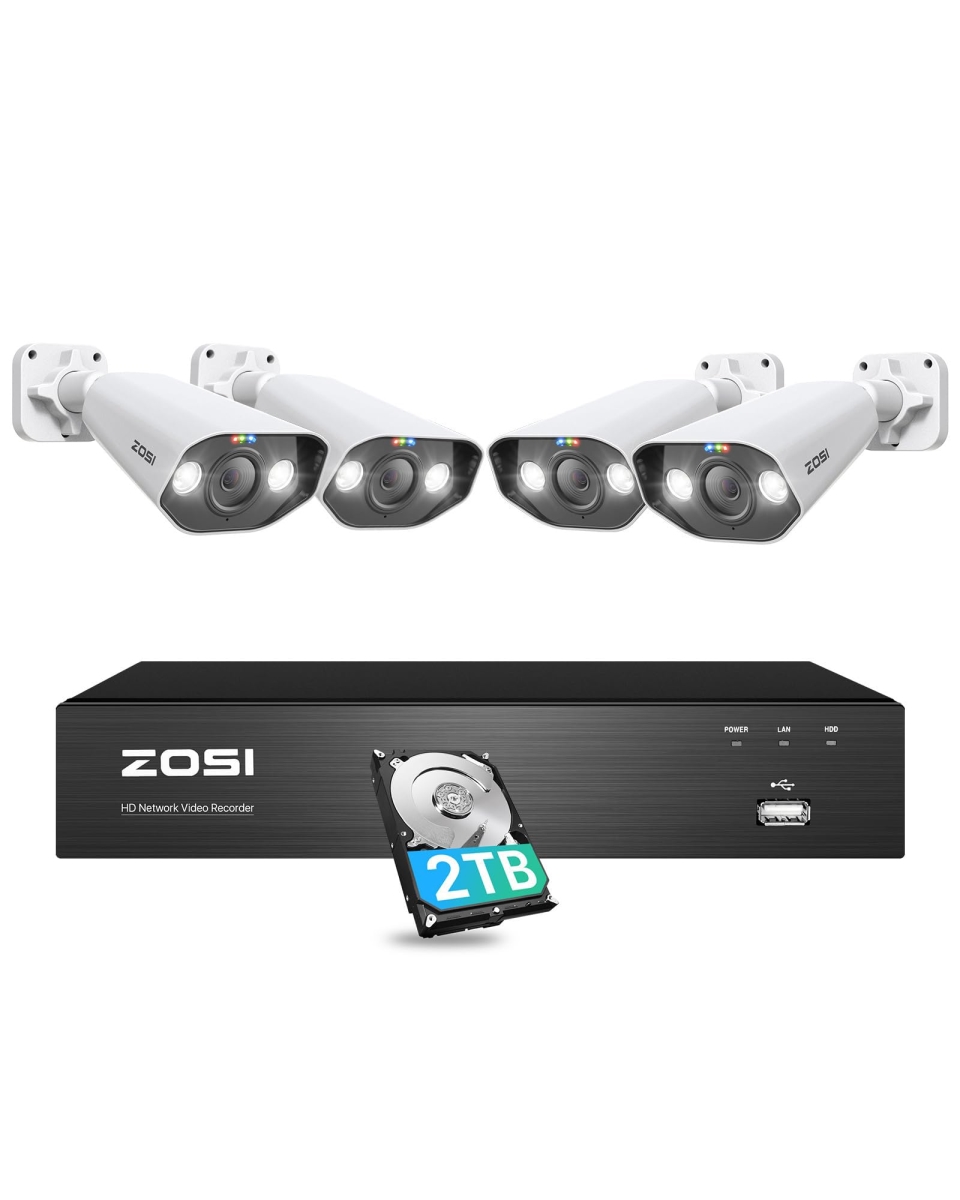 NT84151 ZOSI 4K Spotlight PoE Security Camera System with 8 Port 16 Channel 8MP NVR & 4K PoE IP Camera - 4 Piece
