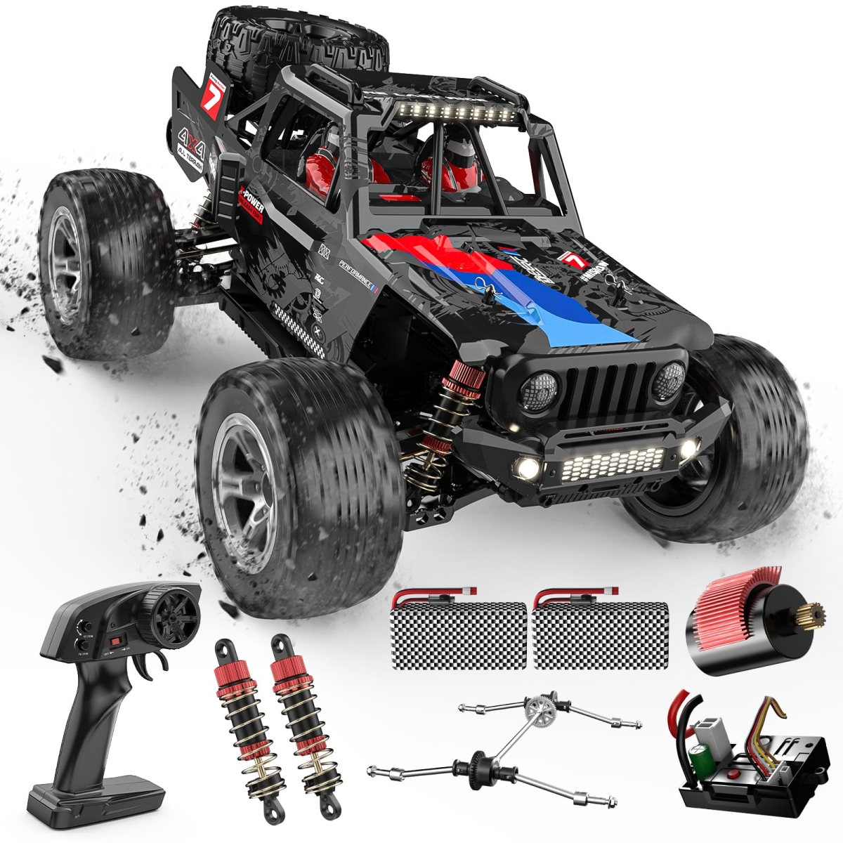 NT84163 DEERC 207E 1-10 Scale Brushless Remote Control Car, 55 Plus KMH 4WD Off-Road Monster Truck, Waterproof High Speed Remote Control Car