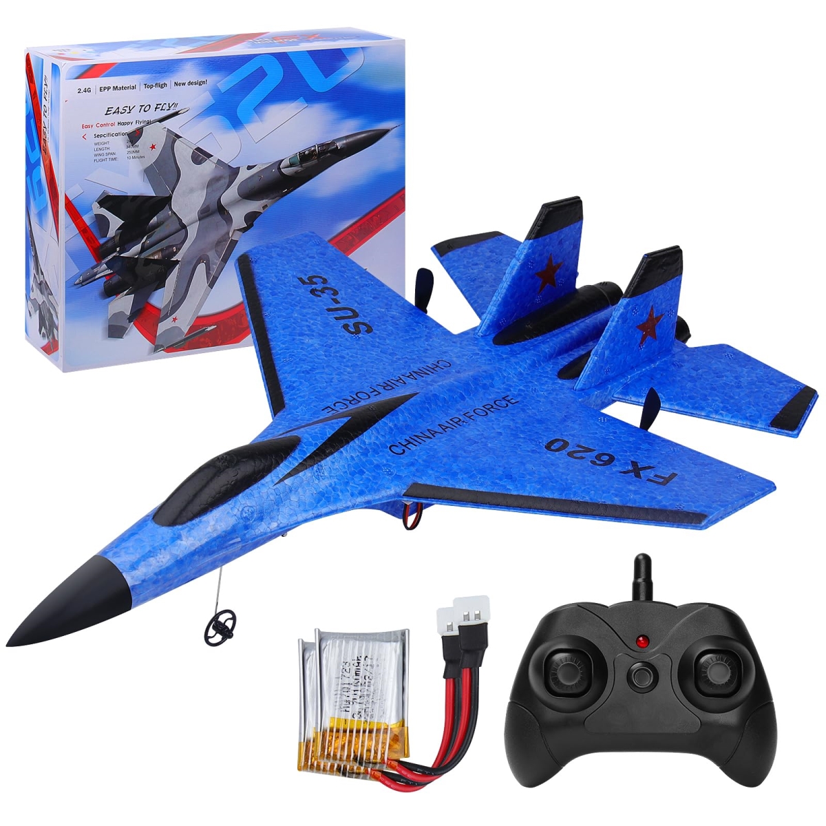 Remote Control Plane 2 Channel Remote Control SU35 Jet 2.4 Ghz RTF Easy to Fly FX620 for Beginners, Kids & Adults with Night Lights - Blue