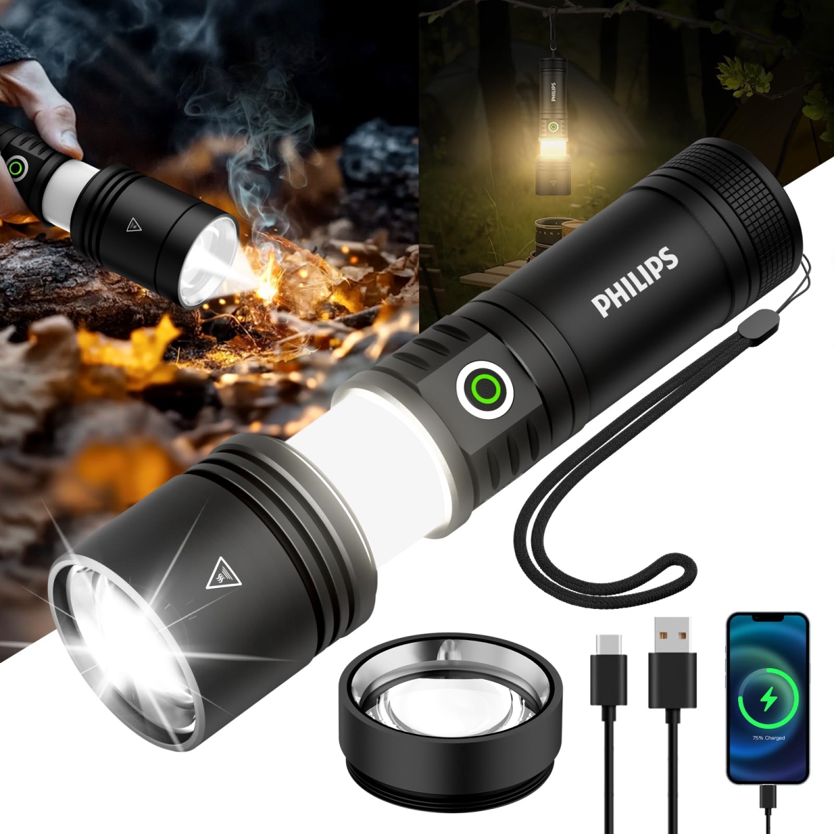 NT84666 PHILIPS High Lumens Rechargeable Tactical Flashlights, 1500lm, Zoomable, 5 Modes, LED for Home & Outdoor