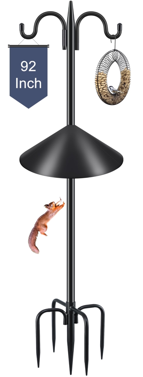 NT84744 Gtongoko Bird Feeder Pole, 92 in. Double Shepherds Hook with Squirrel Baffles, Heavy Duty with 5 Prongs Base, Black