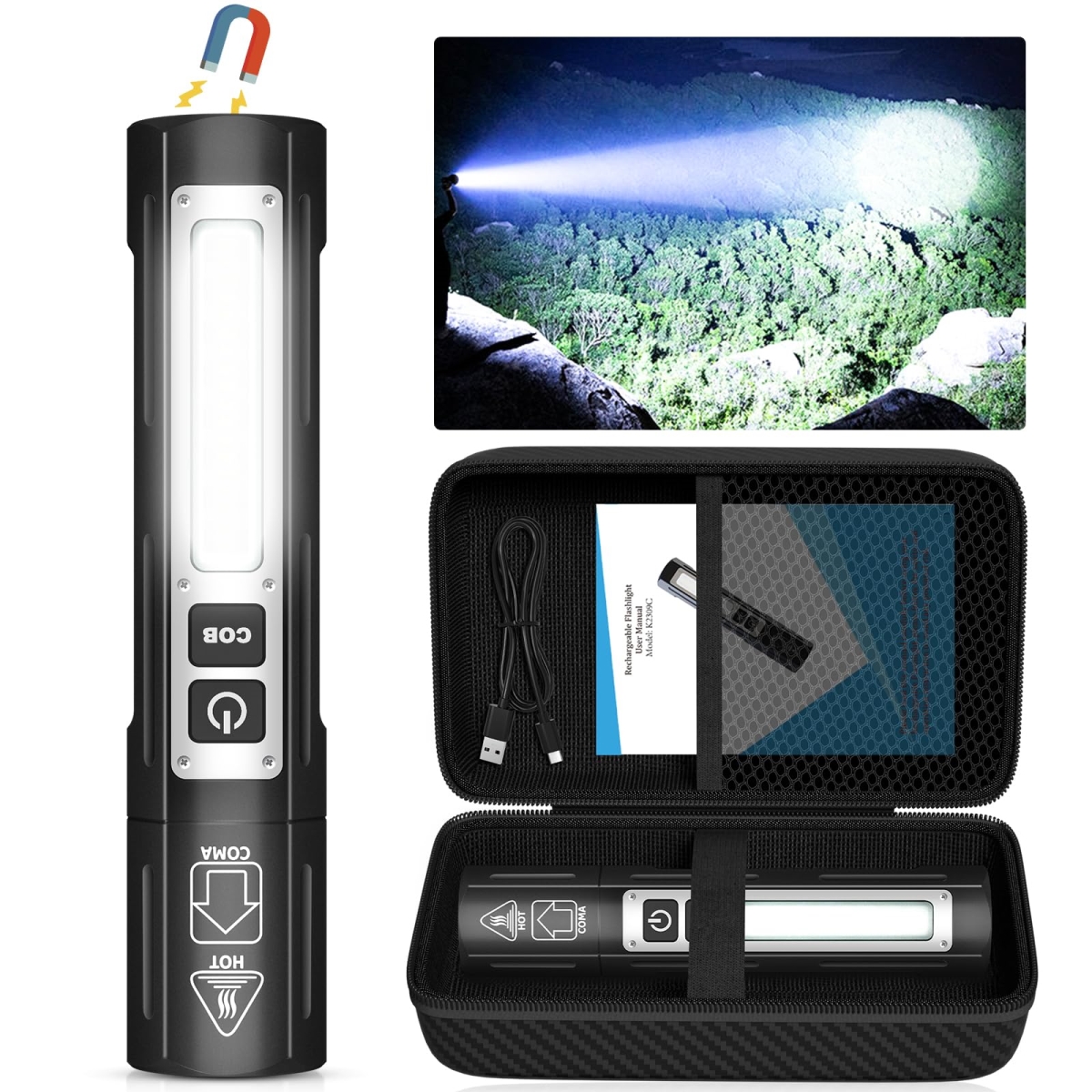 NT84773 Rechargeable High Lumens Flashlights, Super Bright Pocket Magnetic LED Tactical Flashlights, Dual Button - Pure Black