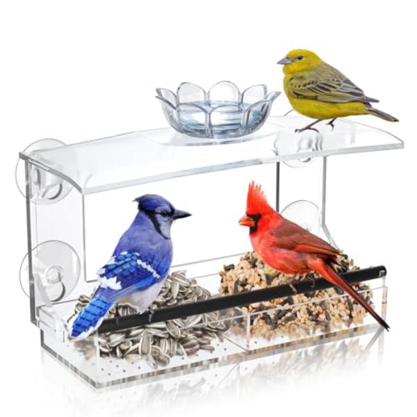 NT84993 Clear Acrylic Window Bird Feeder with Strong Suction Cups & Removable Seed Tray